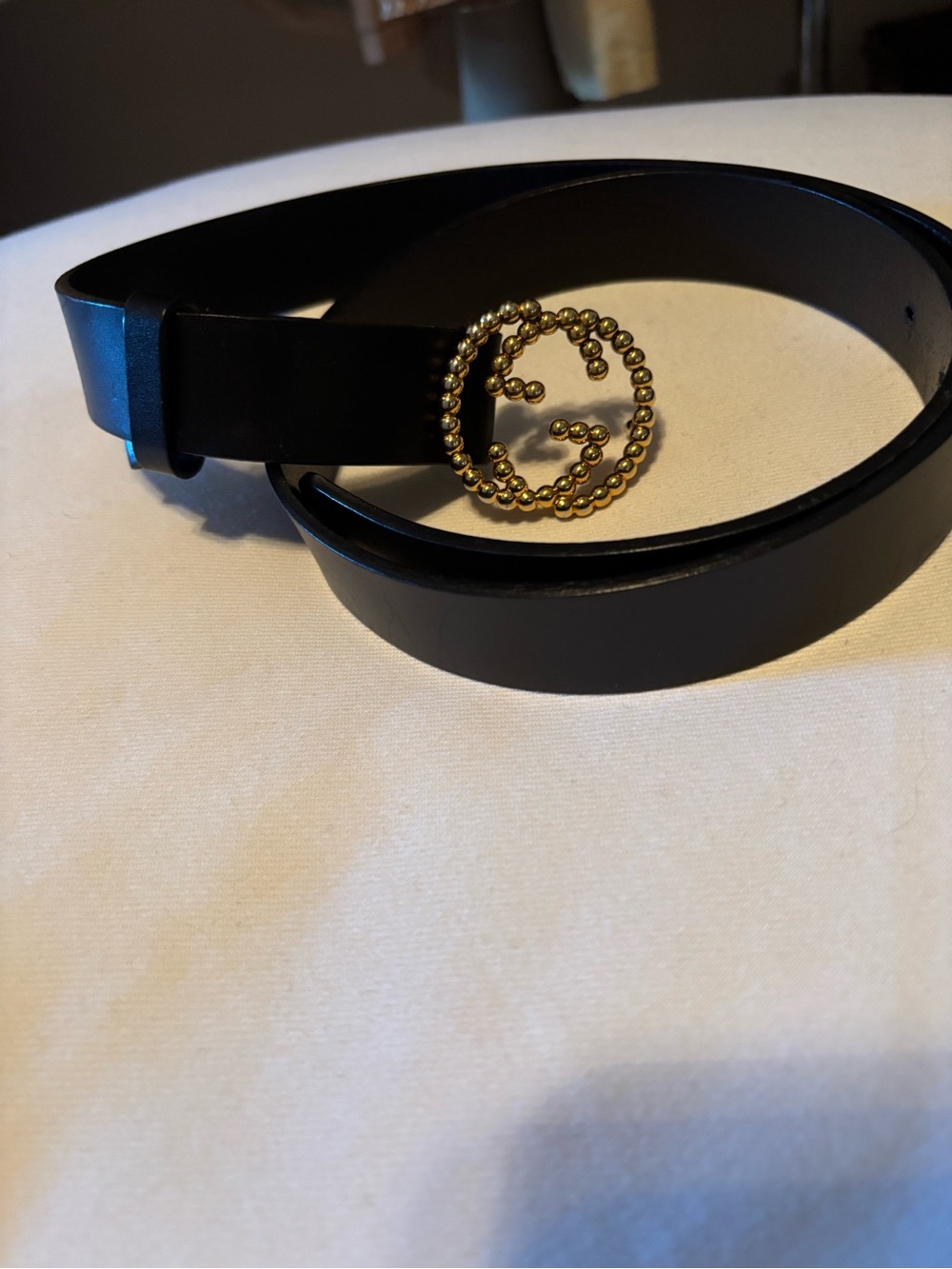 Gucci Black Leather Belt with Gold Beaded Double G Buckle